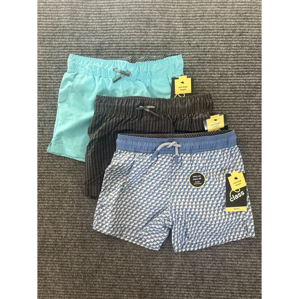 Lot of 3 Art Class Boys Swim Trunks Size XS 4/5 Blue Shark Pinstripe Teal NWT
